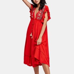 Free People Red Embroidered Midi Dress